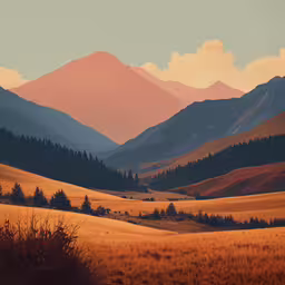the colors in this image show an orange yellow blue green and red,a field that has a lot of grass and some mountains in the background
