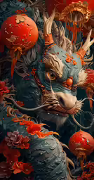 a very weird looking animal surrounded by orange and red balloons