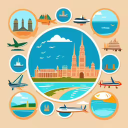 an advertisement for a tour guide featuring different destinations,an oval frame has many types of travel in it