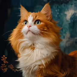 an orange and white cat looking up with its face turned