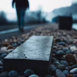 a bench sitting on top of some rocks and gravel