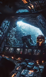 a sci - fil character looking through a futuristic space station door
