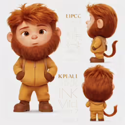 an orange haired man in cartoon clothes with different facial expressions