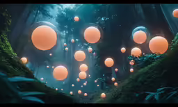 the sky lanterns are falling from a tree in the forest