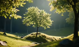 a lone tree sitting alone in a green, grassy area