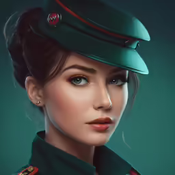 an image of a woman in green and red uniform