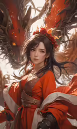 an asian woman wearing orange dress and holding a sword