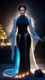 a woman dressed in a blue and black gown