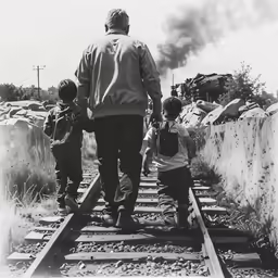 a black and white photo of a man with three small children