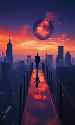 a man walks across a red bridge that overlooks a city