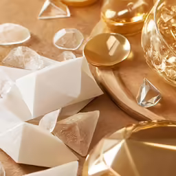 white and gold objects on a brown counter