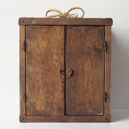 a wooden cabinet with three doors tied up with rope