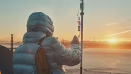 a woman holding onto a fishing rod in front of a sunset,a woman in a puffy jacket holding a fishing pole