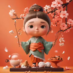 a doll made to look like an asian doll with flowers and pearls around it