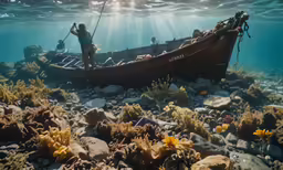 a man and his dog are on a boat in the ocean