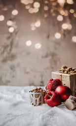 two red ornaments are placed next to a gift box on the snow