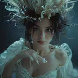 woman with long hair wearing dress made of feathers