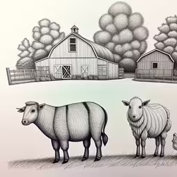 drawing of sheep standing next to a barn