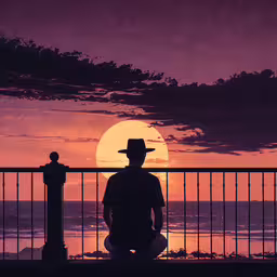 the man is standing by the railing watching the sunset,a man is sitting on a rail watching the sunset