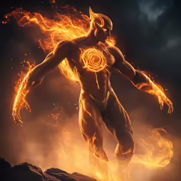 a man in a body suit with an orange glow, stands on top of a hill