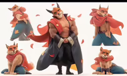 various angles of a figurine of a fox with different costumes