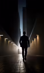 a man walks through the dark alleyway as it is illuminated