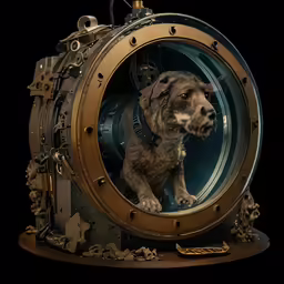 a small dog sitting inside of a mechanical thing