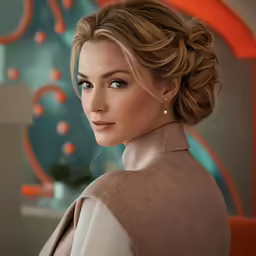 a woman with a braid hairstyle looks back while wearing a coat