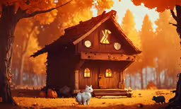 a house in the forest with a cat near by,this is a picture of an old fashioned shack in the woods
