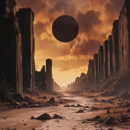an abstract art picture of a landscape with rocks and a round object floating in the sky