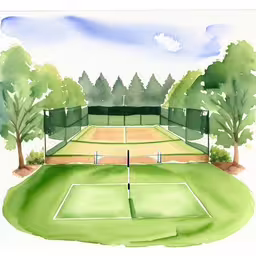a watercolor sketch of a tennis court with trees in the background,the view from behind a painted tennis court and trees,a watercolor painting of a tennis court in the woods,a painting of a tennis court with two courts,watercolor painting of a tennis court with a field and trees in the background