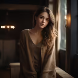 the woman sits on a window sill, looking straight ahead