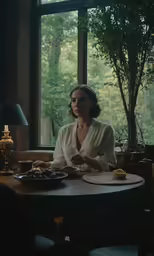 a woman sitting in a dimly lit room, in front of a large window eating food