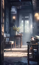 a room with the light coming through the windows and onto the ground