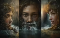 three shots of a person with water