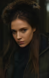 a woman is wearing a black jacket and brown fur hat