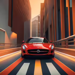 the red sports car is on the road near tall buildings