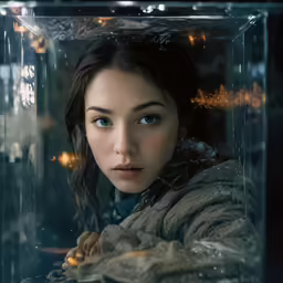 woman in a box looks at the camera