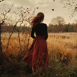 a woman in a long red dress walking through a field