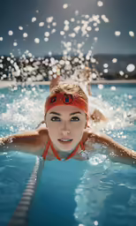a woman is in the water wearing a swimming cap
