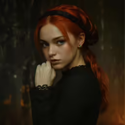 a red haired woman with a messy braid