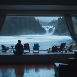 a person sitting on a chair looking out a window at a waterfall