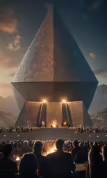 a large pyramid structure with columns on top and lots of people in front