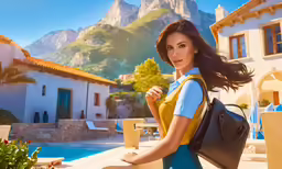 a woman in a blue dress is standing by the pool with her purse