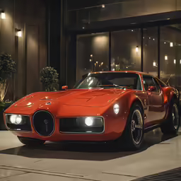 an orange sports car parked in front of a tall building