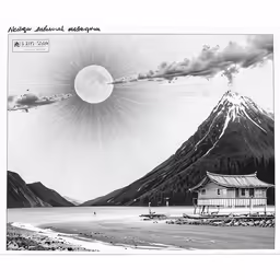 a photo is shown, with the sky and mountains covered in snow