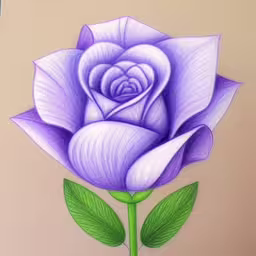 a pencil drawing of a purple rose on a sheet of paper,a drawing of a rose and leaf with a white background,a drawing of a purple rose with green leaves,a drawing of a purple rose with leaves on a tan background,a drawing of a purple flower with a green stem