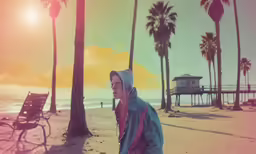a man standing in the sand near a beach with palm trees