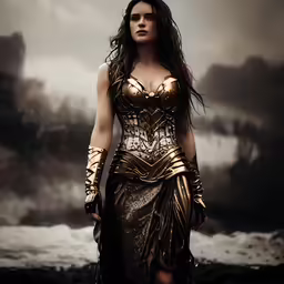 a lady dressed in gold and silver posing with her hands on hips