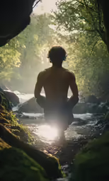 a man standing in the middle of a stream at sunset